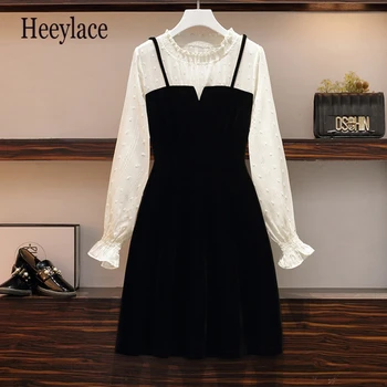 Plus veľkosť ženy jeseň zima falošné dve kus velvet mini šaty žien dlhý rukáv patchwork francúzsky vintage A-line čierne šaty