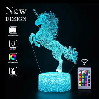 Unicorn 3D LED Nočné Svetlo Unicornio Strany Cartoon Lampa 7 Zmena Farby Dieťa pre Spálne Vedľa Lampy Dieťa Darčeky Crack Štýl Base