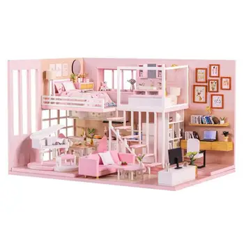 DIY Doll House Auta Drevená Bábika Domy Miniatúrny domček pre bábiky s Nábytkom Súprava s LED domov svadby, Narodeniny Vianočný Darček