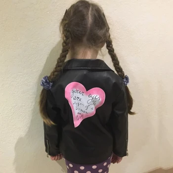 2019 jar jeseň hot deti PU bunda, 2-7 rokov starý dievča módneho láska faux kožené Cool všetky matchprint list lásky kabát