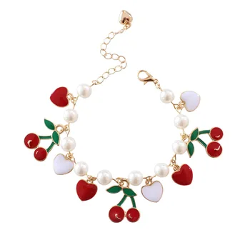 Gold Color Chain Bracelets Sweet Red White Heart Green Leaf Imitated Pearl Cute Cherry Charms Bracelet For Women Girls Student