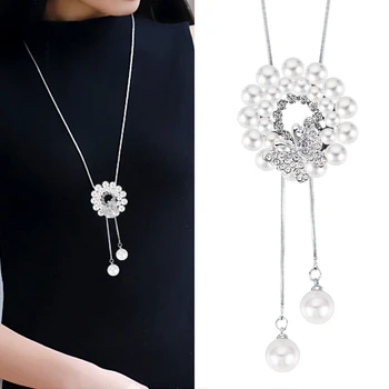 Simulované Pearl Dlhé Náhrdelníky & Prívesky Pre Ženy 2020 Nové Módne Crystal Butterfly Silver Chain Náhrdelníky Ženské Šperky