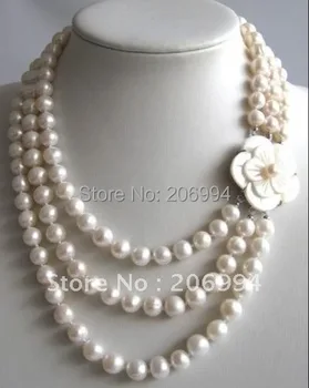 Ručné Štýlový 3 riadky 7-8mm sladkovodné White Pearl Náhrdelník Shell Kvet Spona pearl Šperky, módne šperky