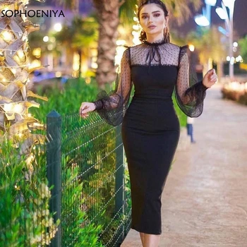 Nový Príchod Dlhý rukáv Večerné šaty abendhttpder 2021 Vysoká Krku Čierne Krátke večerné šaty Plus veľkosť Vestidos elegantes