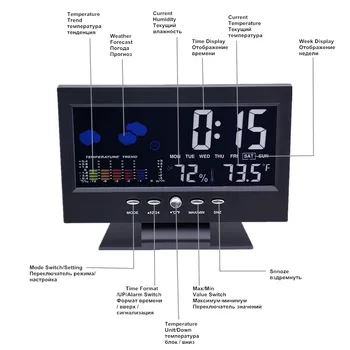 Digitálne Farebné LCD teplota vlhkosť hodín Funkcia Budíka Kalendár meteo stanica Teplomer Vlhkomer so stojanom 40% off