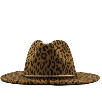 Teplá Unisex Plochý Okraj Vlnená Plsť Jazz Fedora Klobúky Muži Ženy Leopard Zrna Kožené Kapela Dekor Plstený Klobúk Panama Formálne Čiapky