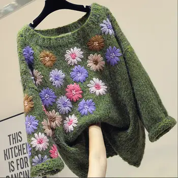 Vyšívané voľné pletený pulóver sveter ženy 2020 jeseň zima nové módne o-neck top sveter