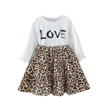 Jeseň Girl Oblek Nové Písmeno Tlač Dlhým Rukávom T-shirt + Leopard Sukne Módne Deti Deti Oblečenie 2ks 2 3 4 5 6 Rokov