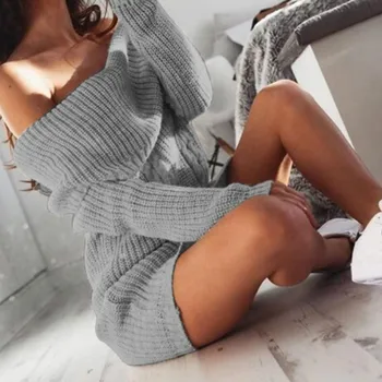 2020 nový sveter jeseň/zima žien jedno slovo golier off-the-taška cez rameno hip šaty, pletené sveter žena svetre