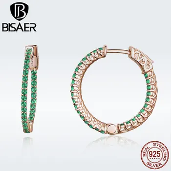 BISAER 925 Sterling Silver Green CZ Zlatá Farba Ženy Hoop Náušnice pre Ženy, Luxusné Módne Šperky Brincos GXE511