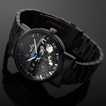 VÍŤAZ Black Mužov Sledovať Pohode Mechanické Automatické Náramkové hodinky z Nerezovej Ocele Kapela Muž Hodiny Kostra Roman Dial Luxusné relogio
