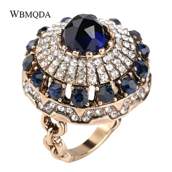 Luxusný Modrý Kameň Crystal Koruny Krúžok Starožitné Zlata Veľká Angažovanosť Snubné Prstene Pre Ženy Strany Vintage Jewerly