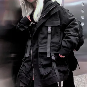 Black kórejský Streetwear Harajuku Denim Jacket Nadrozmerné Vrecká Ženy Jeans Bundy Voľné BF Vintage Bežné Coats veste femme