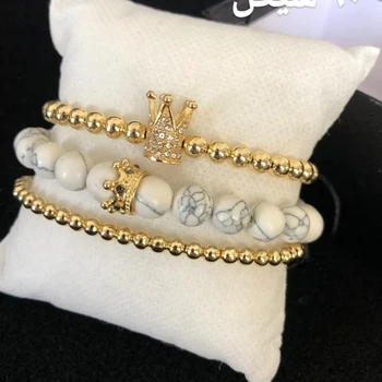 3ks/set Luxusný CZ mnohouholník loptu koruny Kúzlo medi perličiek Macrame ručné mužov Náramky nastaviť náramky & prívesky pre Mužov Šperky