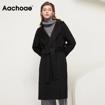 Aachoae Vlna Dlhá Srsť S Pásom Ženy Dlhý Rukáv Strane Split Elegantné Vrchné Oblečenie Zase Dole Golier Bežné Čierny Kabát 2020