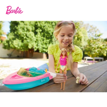 Barbie Loď w/Bábika Loď Dream Yacht Playset a spoločenské Šteňa Život Vesta Príslušenstvo sa Hodí 3 Bábiky Pláva vo Vode, Deti Hračka GRG30