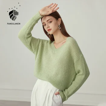 FANSILANEN Voľné v krku bežné pletený sveter Ženy, dlhý rukáv, zelená green nadrozmerná Jeseň zima žena jumper knitwear