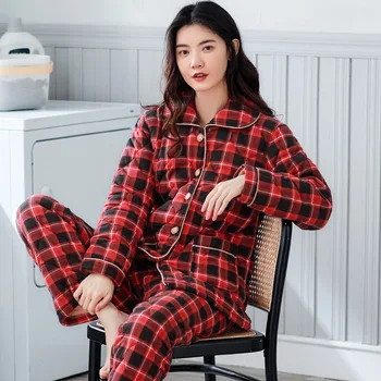 Jeseň Zima Tri Vrstvy, Zahusťovanie Pletené Bavlny Prešívaný Pyžamo Sleepwear Plus Veľkosť Odev Cardigan Pyžamá Domov Služby