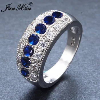 JUNXIN Žena Modrá Okrúhly Zirkón Krúžok Strieborná Farba Vintage Šperky, Svadobné Zásnubné Prstene Pre Ženy