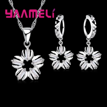Trendy Tvar Kvetu Biele Opálové Zirkón Crystal Svadobné Šperky Sady Pre Ženy Lady 925 Sterling Silver Náhrdelníky Náušnice