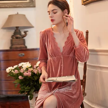 Francúzske Retro 2020 Nová Jar, Jeseň Sleepwear Ženy tvaru Long-sleeve Soild Elegantné Zlaté Velvet Nightdress