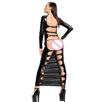 2017 New Black Maxi Exotické Šaty Pre Ženy S Dlhými Rukávmi Späť Halloween Sa Sexy Odev Vinyl Chudá Faux Kožené Dlho Vestido