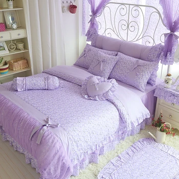 Bavlnenej čipky fialová kvetinový posteľná bielizeň nastaviť twin kráľovná king size dospelých, dievčatá, deti, prístelky set 4/7pcs bedskirt+obliečka na vankúš+perinu nastaviť