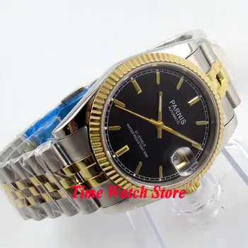 Parnis 36 mm Miyota 821A 5ATM Automatické hodinky muži ženy Zafírové sklo waterproof black dial zlatom ráme