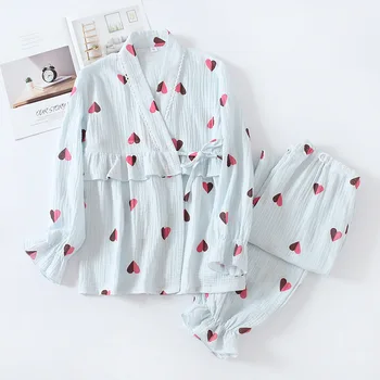 Sladké Japonský sleepwear ženy pyžamo sady, jar, bavlna, krep dlhým rukávom odev žien pyžamá oblečenie pre voľný čas