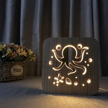 Vianočné LED Drevo Svetlo 3D Ilúziu octopus sépie Tvar Luminaria morského života tichom Darček Pre Deti Narodeniny lôžková Izba Light Decor