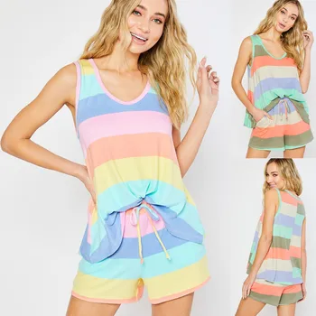 Dámske Pyžamo Nastaviť Rainbow Pruhy bez Rukávov Vesta Topy Sexy Sleepwear Šortky Pijama Mujer Letný Odev Bežné Domáce Oblečenie