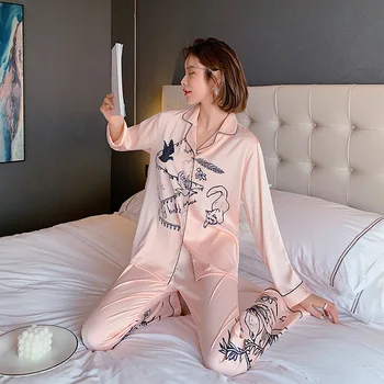 Hodváb Pyžamá pre Ženy Saténové Pyžamá Nastaviť Dlhý Rukáv Sleepwear Pijama Mujer Sleepwear Nastaviť Plavky Domáce Oblečenie pre Ženy