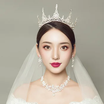 Ženy, kórejský Svadobné Šperky Sady Plný Kruh Kolo Koruny Pearl Tiara Svadobný Náhrdelník Jewelries Nastaviť pre Strany, Vlasy, Šperky