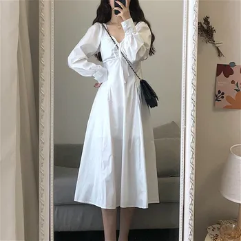 Elegantné Biele Šaty Žien Bežné Dlhý Rukáv Vintage Víla Midi Šaty Prehodil Krajky-Up Slim Jeden Kus Oblečenia Kórejský 2020 Jeseň