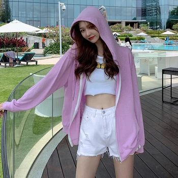 Kórejský lete tenké zips hoodies ženy oblečenie pevné dlhý rukáv voľné oblečenie 2020 biela fialová čipky mikina s kapucňou,