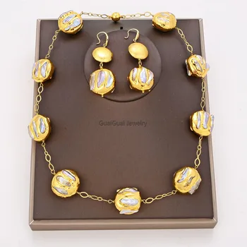 GG Šperky Prírodné Sladkovodné Biela Biwa Pearl Mince 24 KT Zlatom Náhrdelník Náramok, Náušnice, Sety
