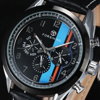 Nové FORSINING Luxusné Značky Mechancial Sledovať Mužov Multifunkčné Hodiny Kožený opasok Modrý Vojenské Automatické Analógové náramkové hodinky