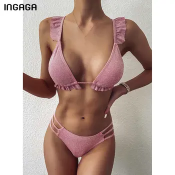 INGAGA Sexy Bikiny Žien Plavky Prehrabať Plavky Biquni Push Up Plaviek Pevné, Lesklé plavky 2021 Duté Z Bikín