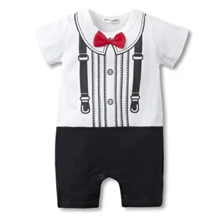 Baby boy šaty Telo obleky Smoking Chlapci Remienky Gentleman roupa de bebe Krátky Rukáv Bavlna jumpsuit Čierne Biele Kostýmy