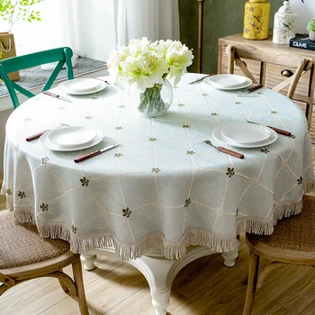 Luxusné obrus Okrúhly Stôl Pokrytie Listy Vyšívané Svadobné Party Domov Obrus Bavlna Bielizeň, Obrusy s Strapec