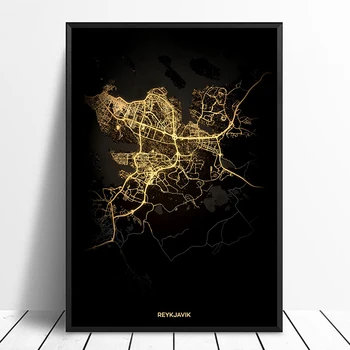 Reykjavik Mesto Svetlo Vlastné Mapy Sveta Mapa Mesta Plagáty Plátno, Vytlačí Nordic Štýl Wall Art Domova