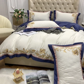 Luxusné výšivky posteľná bielizeň nastaviť vyšívať Egyptain Modrá Biele Perinu 1000TC Egypt bavlna satén Posteľ nastaviť prehoz bedlinen