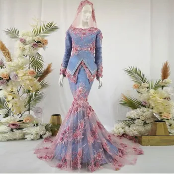 3D Kvetinovým Večerné Šaty Plné Rukávy Saudskej arabčina Večerné Šaty Modré Korálky vestido de festa Nášivka Prom Šaty morskej panny