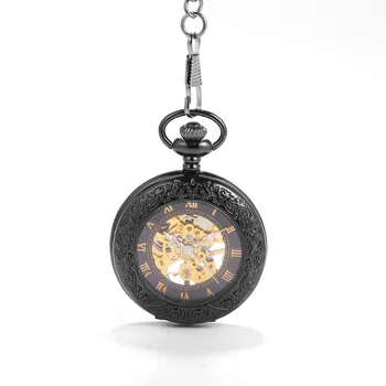 Čierny transparentný vyrezávané mechanické vreckové hodinky bronz vreckové hodinky retro darček osobnosti tvorivý čierna tvár quartz vrecku wa