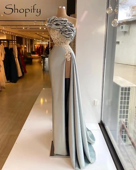 Dlhé Strieborné Večerné Šaty 2021 Vysokej Štrbinou Luxusné Korálkové Nášivka Dubaj Ženy Afriky Satin Formálne Šaty