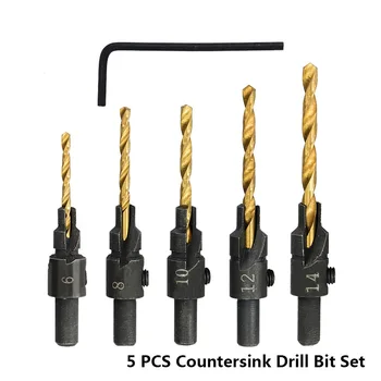 CMCP 6pcs Countersink Vŕtať TiN Potiahnuté Tesárstvo Drill Bit Nastavený Pilot Otvory Pre Skrutky Veľkostí #6 #8 #10 #12 #14