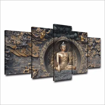 Moderné HD Plátno na Stenu Umenie Plagátu Domáce Dekorácie Obývacia Izba 5 Panel Obrázok Buddha Tlač Maľovanie Modulárny Obrázky Rám