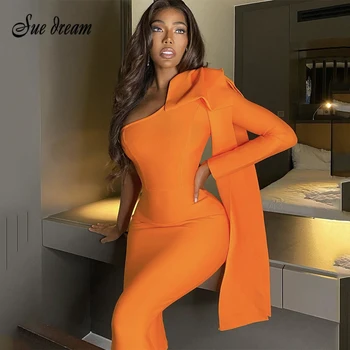 2020 Jeseň Novej dámskej Módy Sexy Jeden-ramenný Dlhým rukávom Luk Elegantné Celebrity Obväz Šaty Bodyon Midi Šaty Vestidos