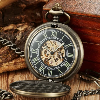 Luxusné Zlaté Dial Black Mechanické Vreckové Hodinky Kostra Prívesok Fob Reťazca Reloj pre Mužov Antické Bronzové Steampunk Montre de poche