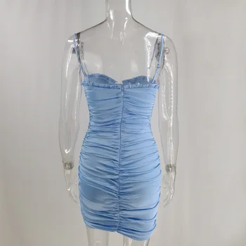 NewAsia Modré Saténové Šaty Žien Špagety Popruhy Volánikmi Zlatíčko Výstrih Bodycon Party Šaty Letné Ruched Sexy Šaty 2020